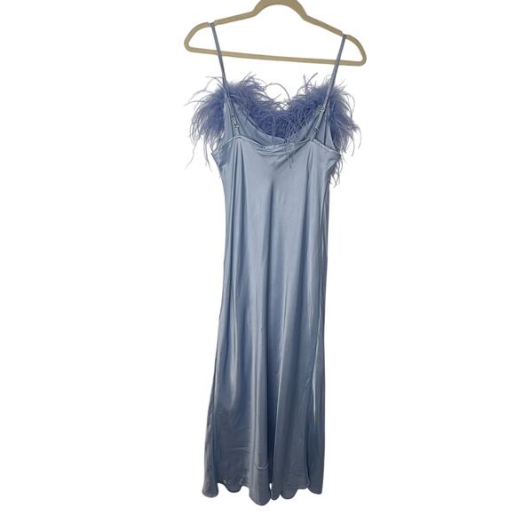 NEW Sleeper Boheme Feather Slip Dress Blue Satin Midi Size M Ostrich Versatile - Picture 3 of 11